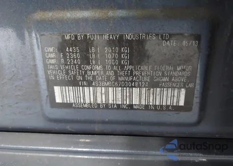 2013 Subaru Legacy 2.5I Premium from USA, damaged, VIN 4S3BMBC67D3048124